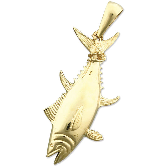 14K Gold 3D Tuna Pendant with Fin Tied To Rope