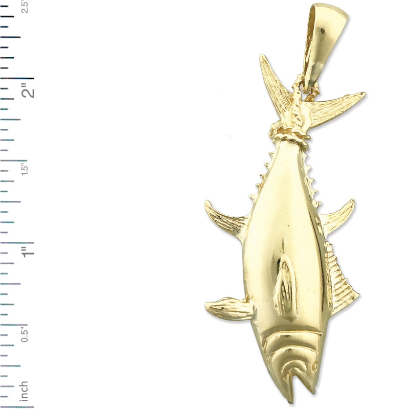 14K Gold 3D Tuna Pendant with Fin Tied To Rope
