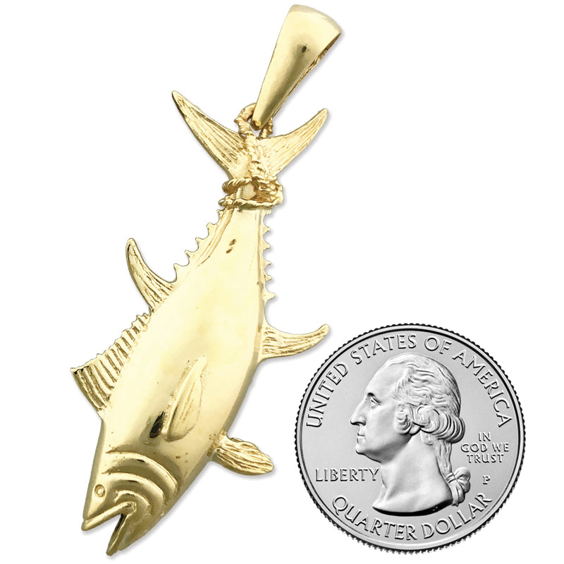 14K Gold 3D Tuna Pendant with Fin Tied To Rope