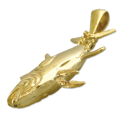14K Gold 3D Tuna Pendant with Fin Tied To Rope