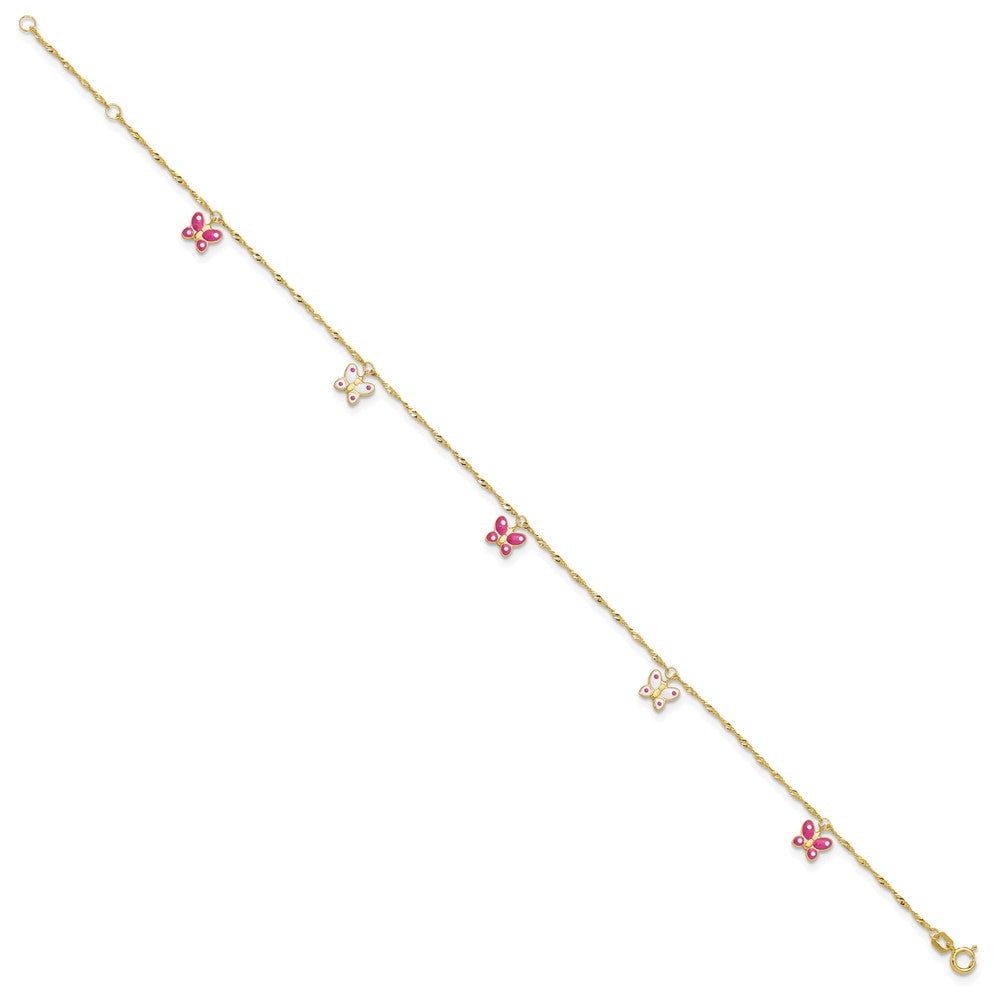 14K Yellow Gold Pink and Enameled Butterfly Dangles 9 Inch Plus 1 Inch Extender - Total 10 Inch Anklet