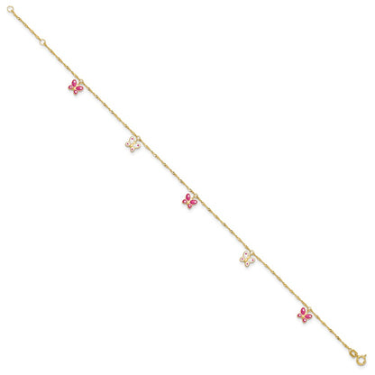 14K Yellow Gold Pink and Enameled Butterfly Dangles 9 Inch Plus 1 Inch Extender - Total 10 Inch Anklet