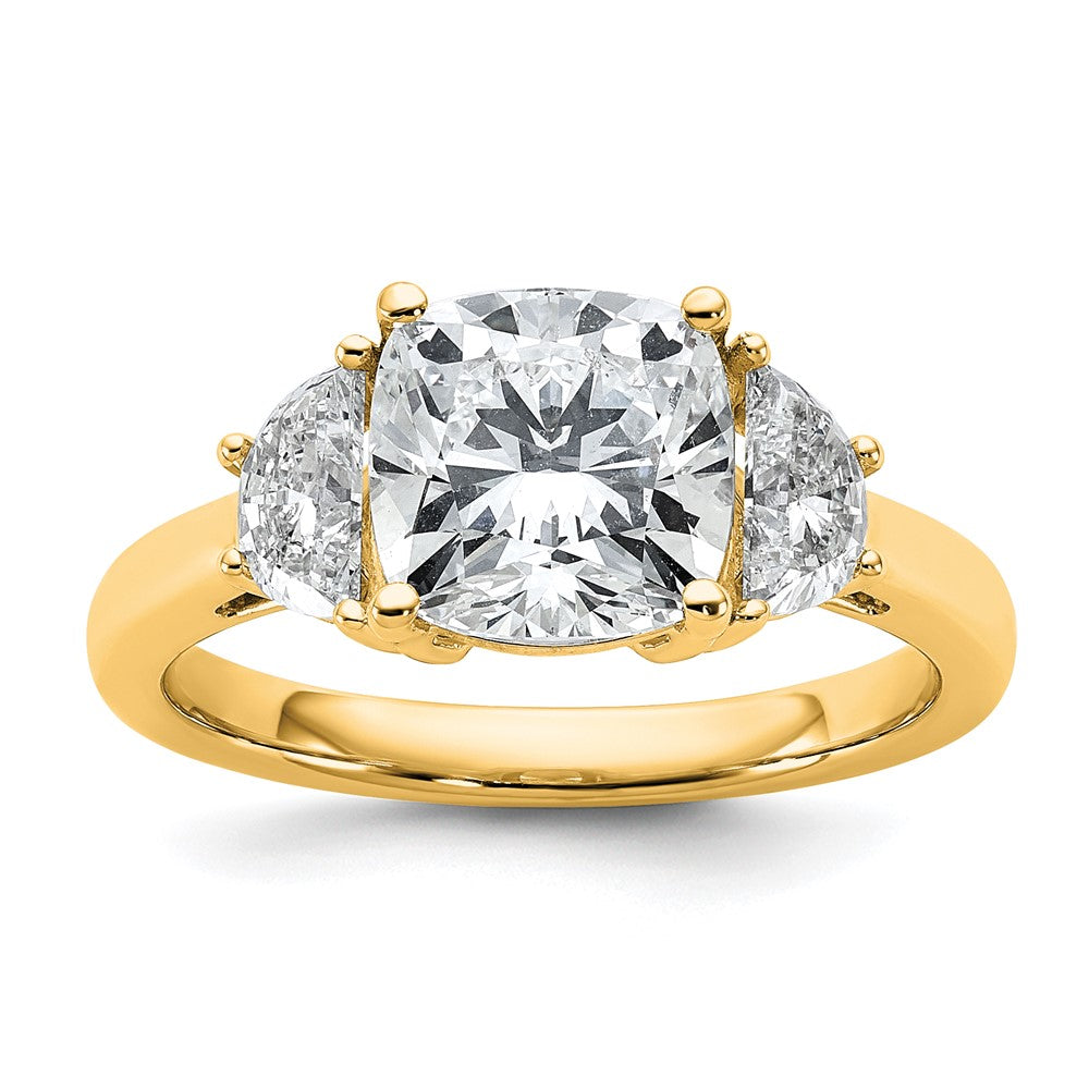 14K Yellow Gold 5/8 carat Lab Grown Diamond VS+ F+ Half Moon and 2 1/2 carat Cushion Center Semi Mount Three Stone Engagement Ring