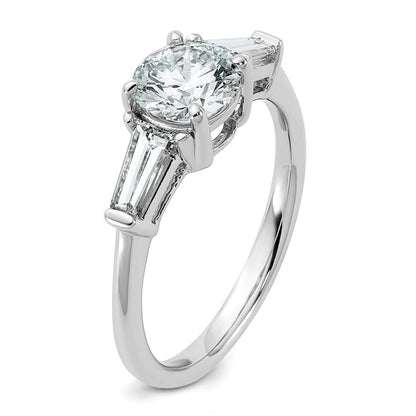 14K White Gold 1 1/2 carat Lab Grown Diamond VS+ F+ Round and Tapered Baguette Complete Three Stone Engagement Ring