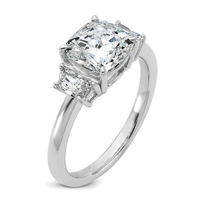 14K White Gold 2 1/2 carat Lab Grown Diamond VS+ F+ Cushion and Half Moon Complete Three Stone Engagement Ring
