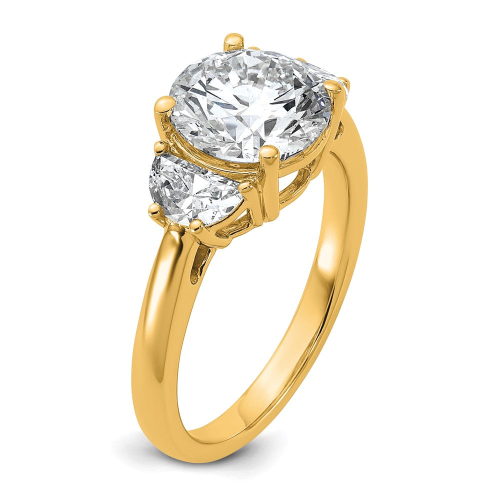 14K Yellow Gold 5/8 carat Lab Grown Diamond VS+ F+ 2 1/2 carat Center Round Semi Mount Three Stone Engagement Ring