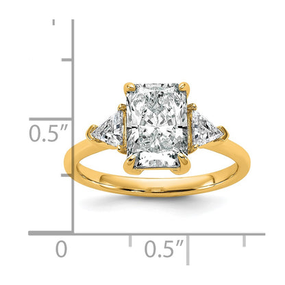 14K Yellow Gold 2 1/2 carat Certified Lab Grown Diamond VS+ F+ Radiant and Triangle Complete Three Stone Engagement Ring