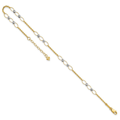 14K Two-Tone Gold Two-tone Oval Links and Mirror Beads 9 Inch Plus 1 Inch Extender - Total 10 Inch Anklet