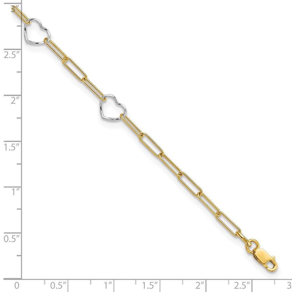 14K Two-Tone Gold Two-tone 5 Hearts and Paperclip Links 9 Inch Plus 1 Inch Extender - Total 10 Inch Anklet