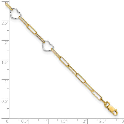 14K Two-Tone Gold Two-tone 5 Hearts and Paperclip Links 9 Inch Plus 1 Inch Extender - Total 10 Inch Anklet