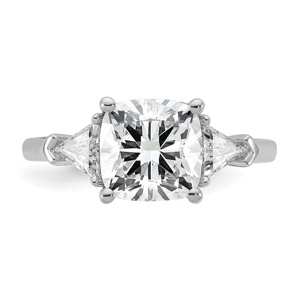 14K White Gold 3 1/8 carat Certified Lab Grown Diamond VS+ F+ Cushion and Triangle Complete Three Stone Engagement Ring