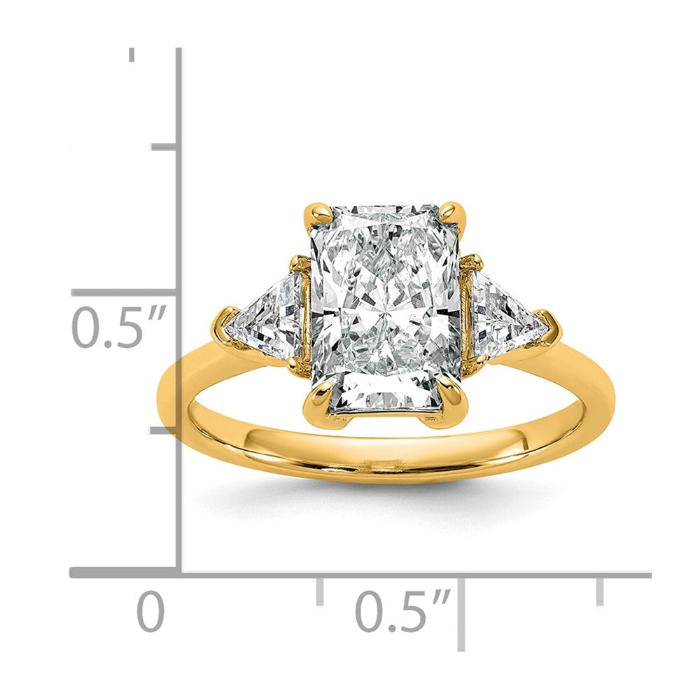 14K Yellow Gold 1/2 carat Lab Grown Diamond VS+ F+ Triangle 2 carat Radiant Center Semi Mount Three Stone Engagement Ring