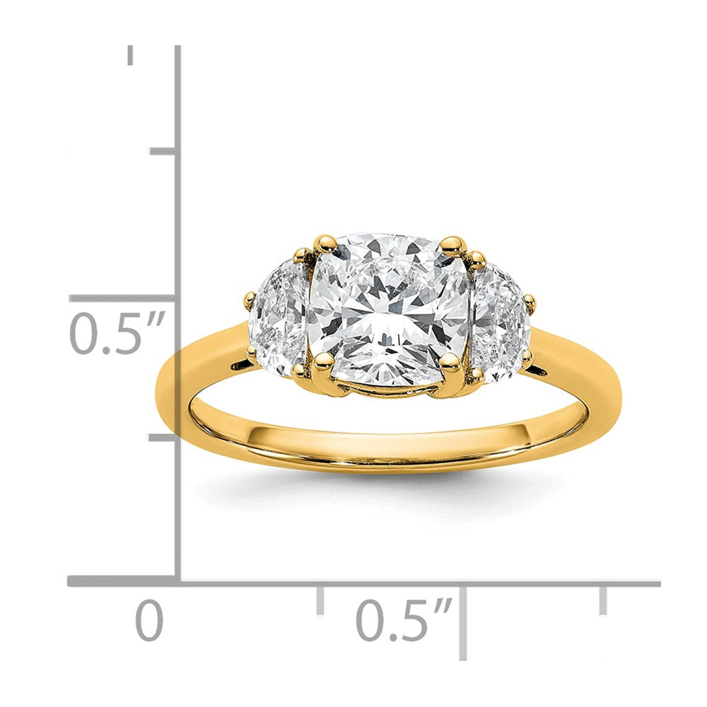 14K Yellow Gold 1/2 carat Lab Grown Diamond VS/SI+ G+ Half Moon and 1 1/2 carat Cushion Center Semi Mount Three Stone Engagement Ring