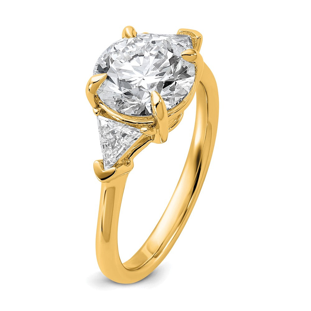 14K Yellow Gold 5/8 carat Lab Grown Diamond VS/SI+ G+ Triangle 2 1/2 carat Round Semi Mount Three Stone Engagement Ring