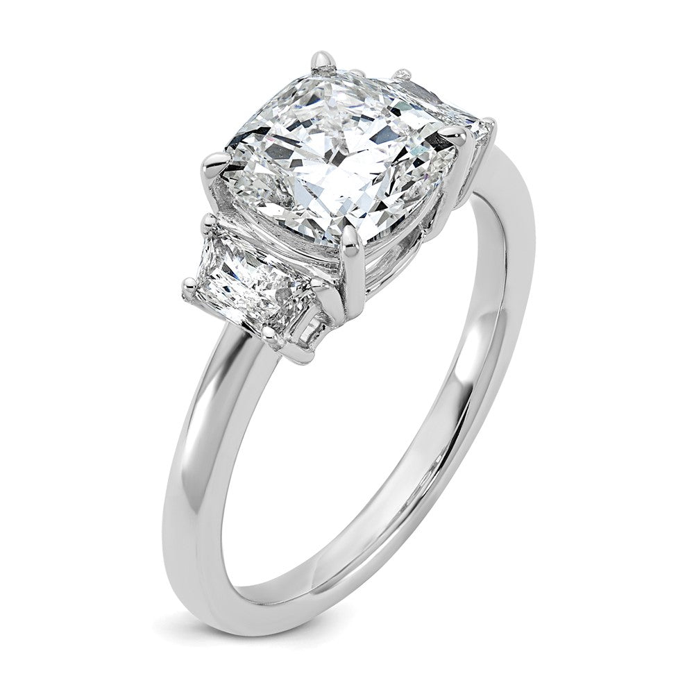14K White Gold  1/2 carat Lab Grown Diamond VS+ F+ Half Moon 2 carat Cushion Center Semi Mount Three Stone Engagement Ring