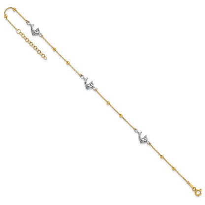 14K Two-Tone Gold Two-tone Beads and Three Dolphins 9 Inch Plus 1 Inch Extender - Total 10 Inch Anklet