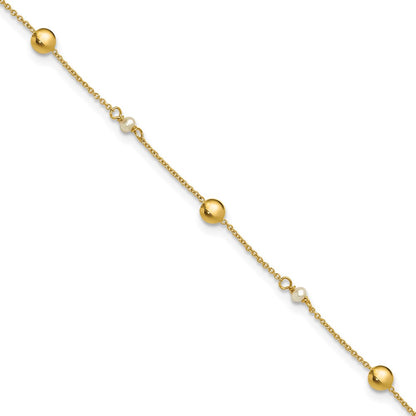 14K Yellow Gold Freshwater Cultured Pearl / Round Beads 9 Inch Plus 1 Inch Extender - Total 10 Inch Anklet