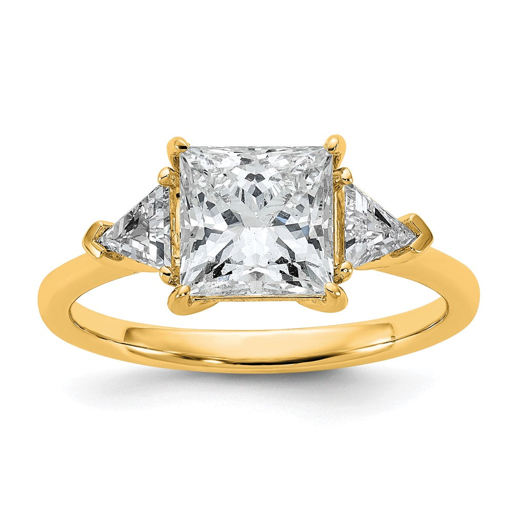 14K Yellow Gold 1/2 carat Lab Grown Diamond VS+ F+ Trillion and 2 carat Princess Center Semi Mount Three Stone Engagement Ring