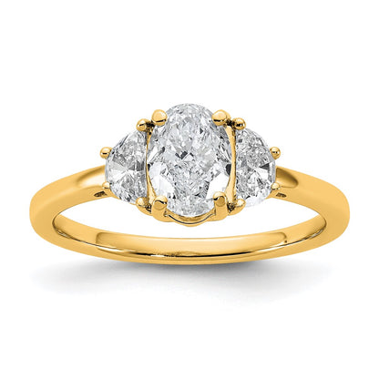 14K Yellow Gold 3/8 carat Lab Grown Diamond VS+ F+ Half Moon and 1 carat Oval Center Semi Mount Three Stone Engagement Ring