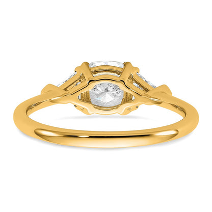 14K Yellow Gold 1/2 carat Lab Grown Diamond VS+ F+ Triangle 1 carat Cushion Center Semi Mount Three Stone Engagement Ring