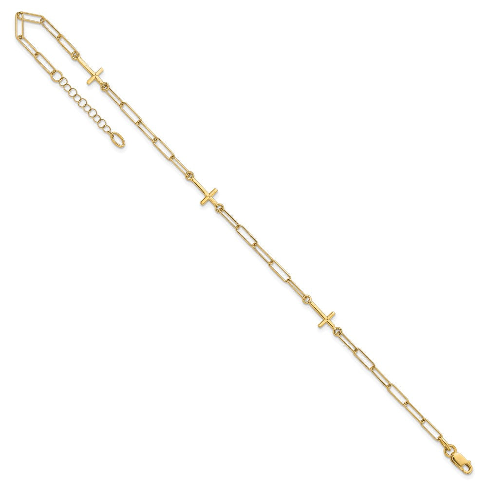 14K Yellow Gold Cross and Paperclip Link 3-Station 9 Inch Plus 1Inch Extender - Total 10 Inch Anklet