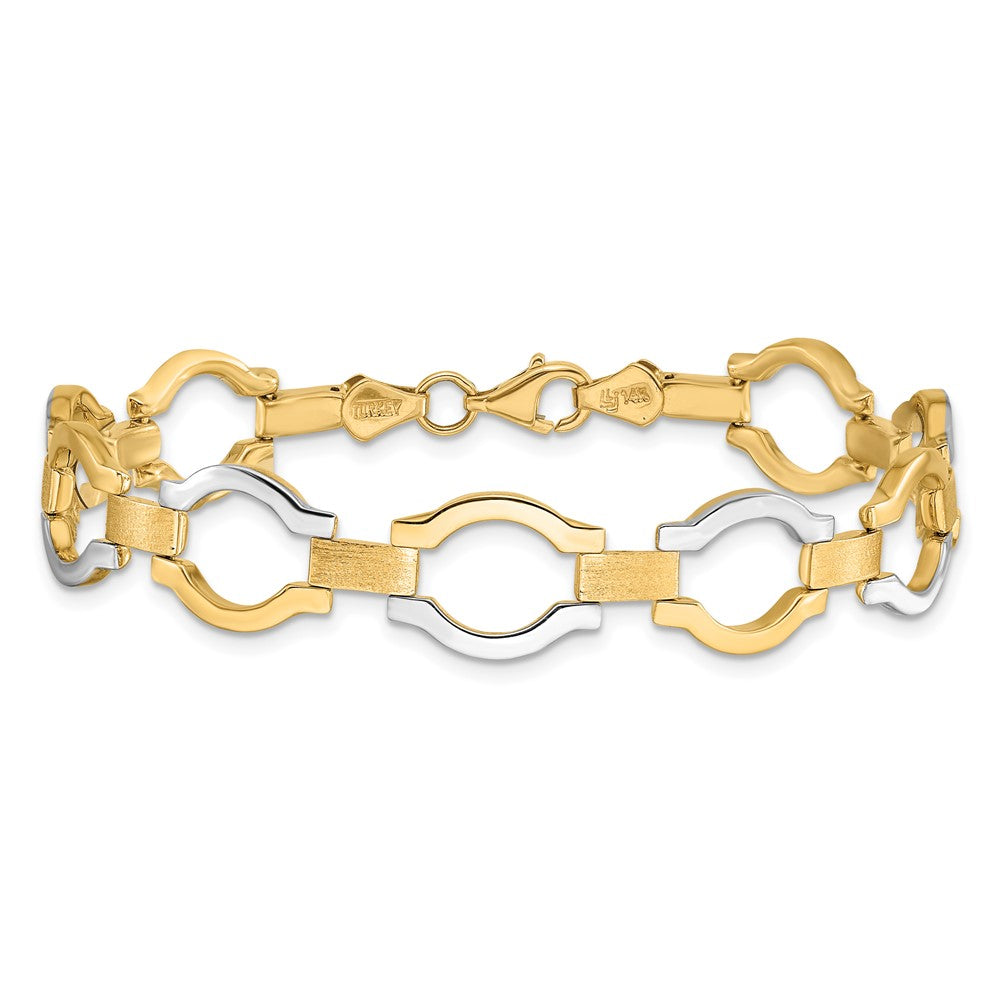 14K Yellow Gold w/Rhodium Fancy Link 7.25 Inch Bracelet