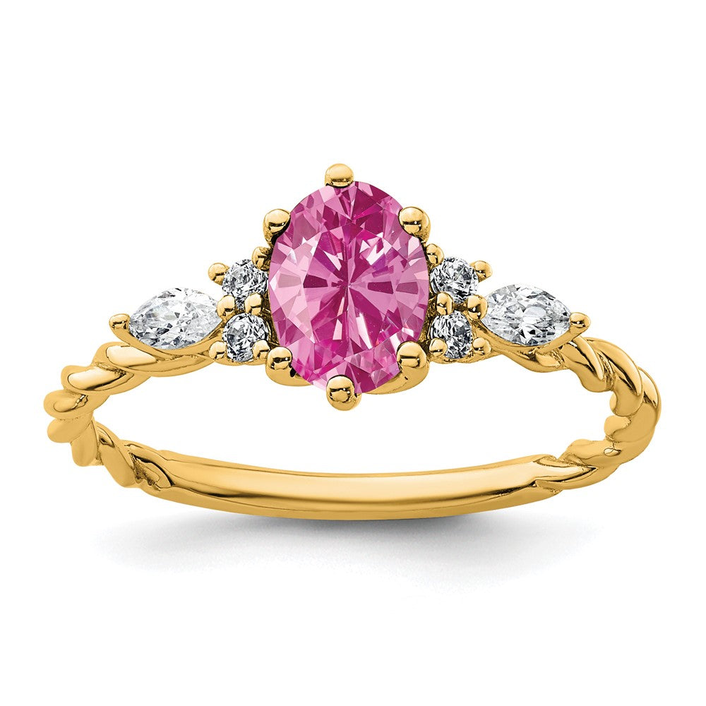 14K Yellow Gold Diamond and 7x5 Oval October/Lab Created Pink Sapphire Size 7 Twisted Ring