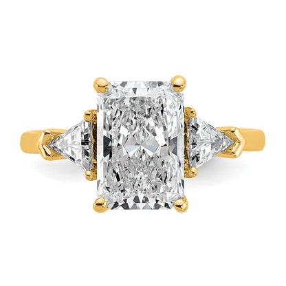 14K Yellow Gold 3 1/8 carat Certified Lab Grown Diamond VS+ F+ Radiant and Triangle Complete Three Stone Engagement Ring