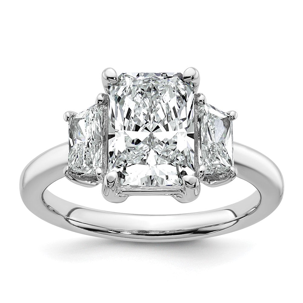 14K White Gold 3 1/3 carat Lab Grown Diamond VS+ F+ Radiant and Trapezoid Complete Three Stone Engagement Ring
