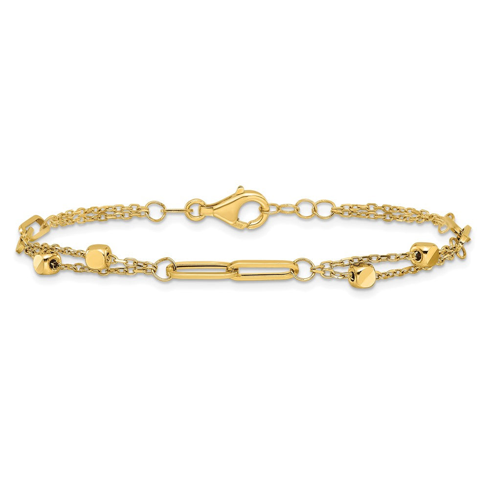 14K Yellow Gold Polished Square Beads and Paperclip Link 7 Inch Bracelet Plus 0.5 Inch Extender