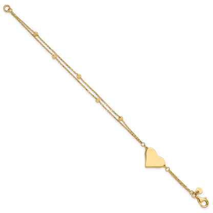 14K Yellow Gold Polished 11x18mm Heart and Diamond-cut Beaded 2-Strand 7.5 Inch Bracelet