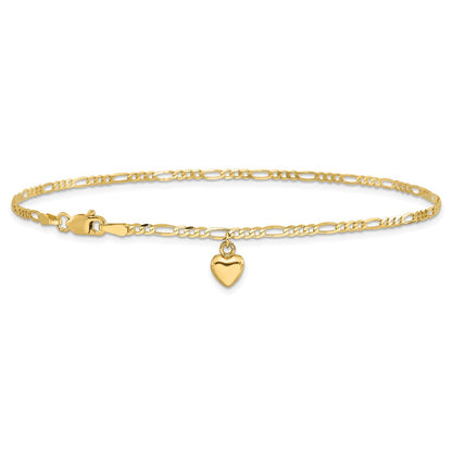 14K Yellow Gold Figaro Link Chain with Dangling Puffed Heart 10 Inch Anklet