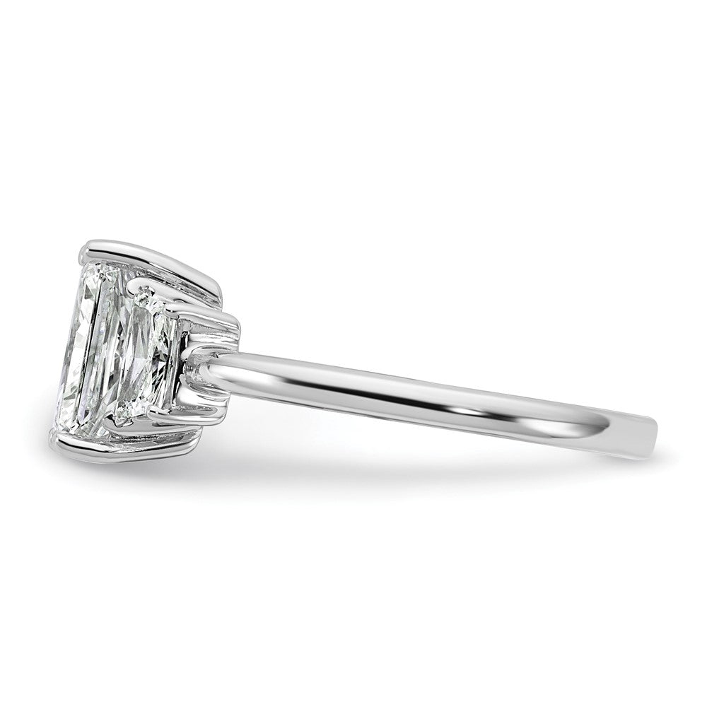 14K White Gold 1/2 carat Lab Grown Diamond VS+ F+ Trapezoid 1 1/2 carat Radiant Center Semi Mount Three Stone Engagement Ring