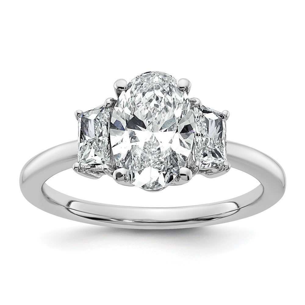 14K White Gold 2 carat Certified Lab Grown Diamond VS+ F+ Oval and Trapezoid Complete Three Stone Engagement Ring