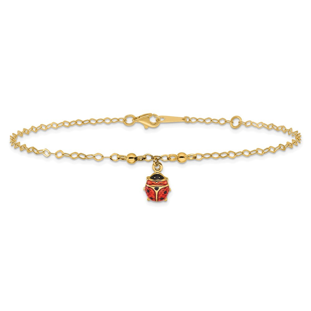14K Yellow Gold Red and Black Enameled Ladybug 9 Inch Plus 1 Inch Extender - Total 10 Inch Anklet