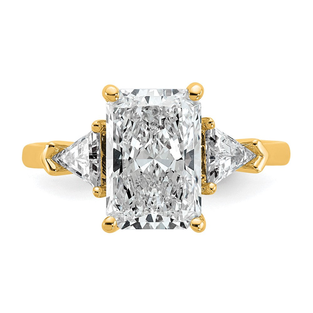 14K Yellow Gold 3 1/8 carat Certified Lab Grown Diamond VS/SI+ G+ Radiant and Triangle Complete Three Stone Engagement Ring