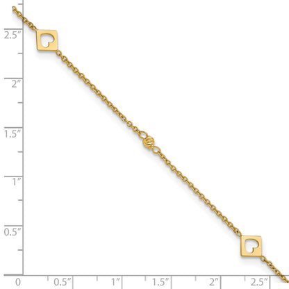 14K Yellow Gold Polished Cut-out Hearts and Diamond-cut Beads 9 Inch Plus 1 Inch Extender - Total 10 Inch Anklet