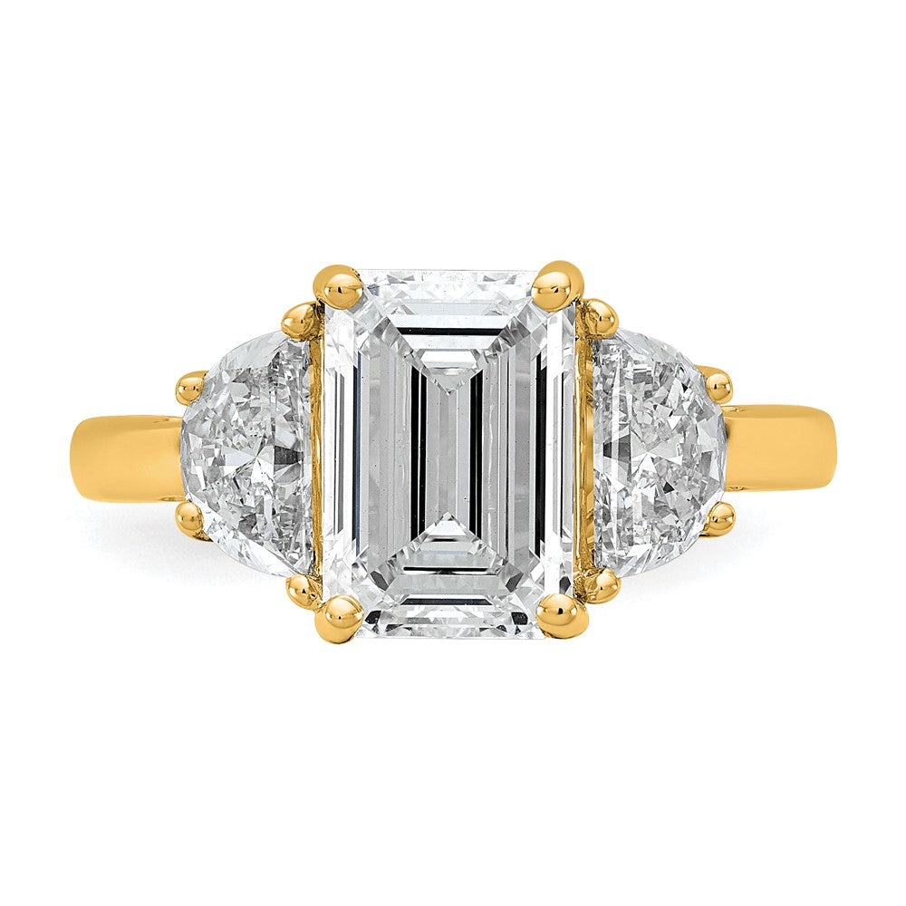 14K Yellow Gold 4 carat Certified Lab Grown Diamond VS+ F+ Complete Emerald and Half Moon Three Stone Engagement Ring