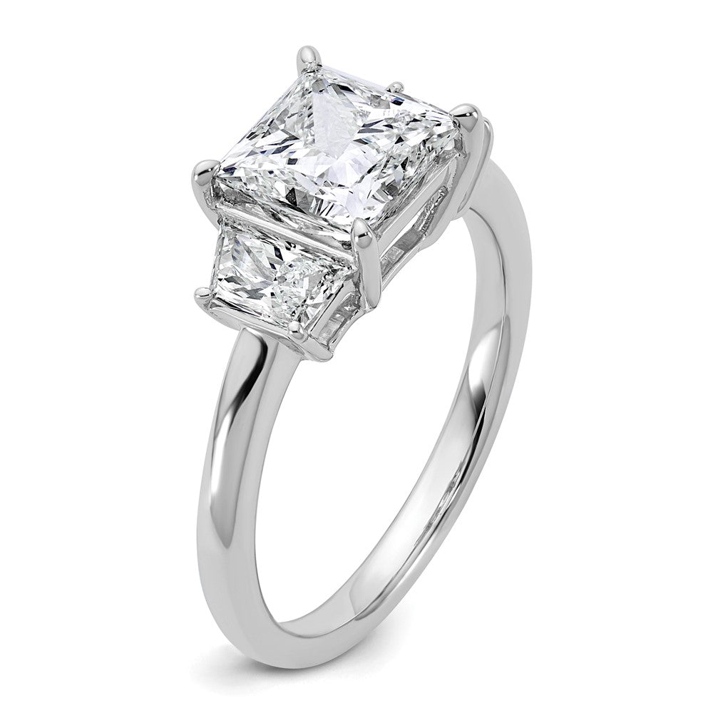 14K White Gold 2 3/4 carat Lab Grown Diamond VS+ F+ Princess and Trapezoid Complete Three Stone Engagement Ring