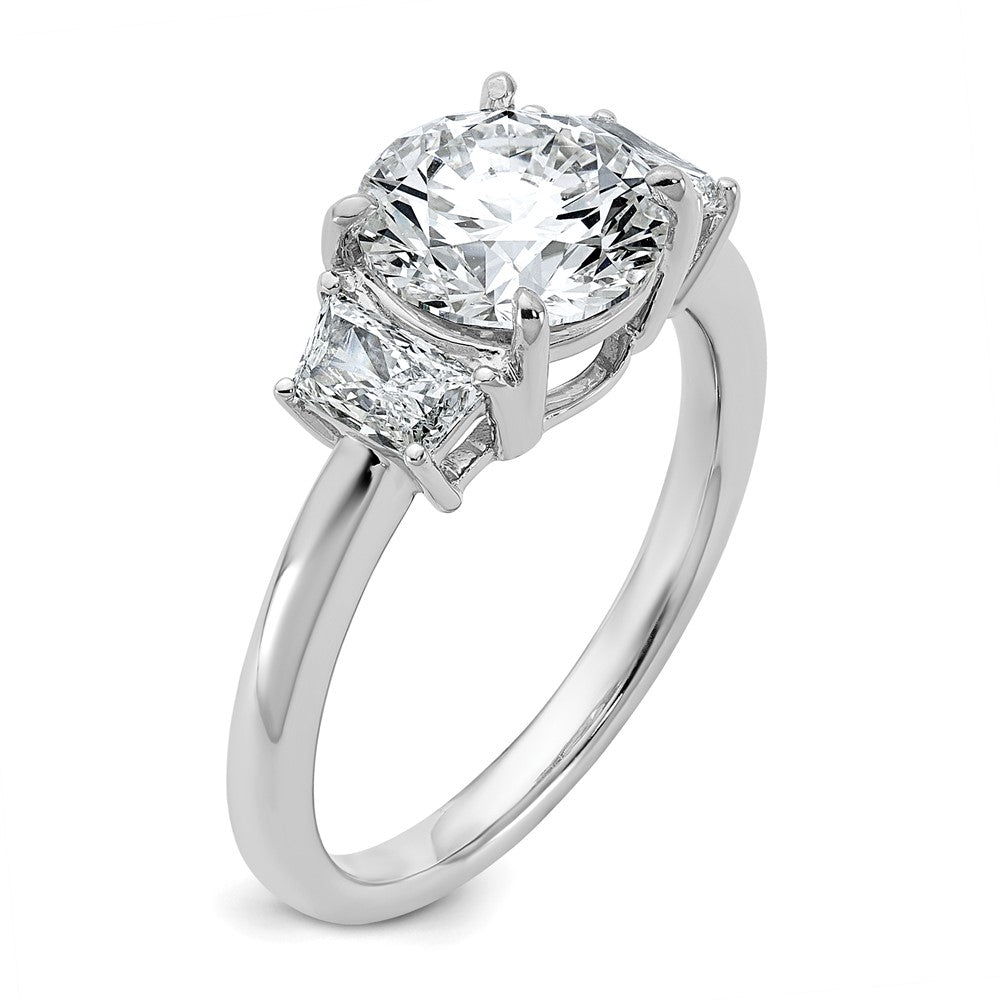 14K White Gold 2 1/2 carat Lab Grown Diamond VS+ F+ Round with Trapezoid Sidestones Complete Engagement Ring