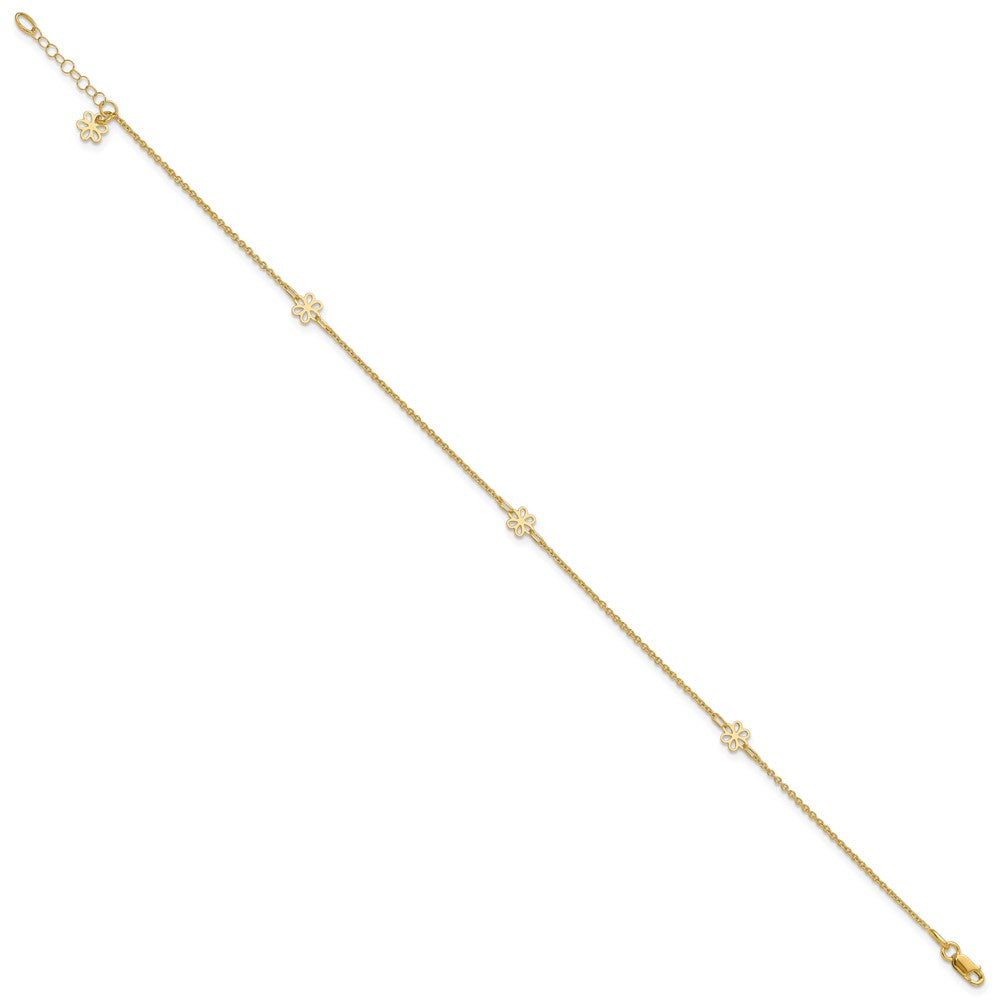 14K Yellow Gold Flowers 3-Station with Flower Dangle 10 Inch Plus 1 Inch Extender - Total 11 Inch Anklet