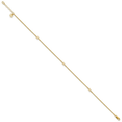 14K Yellow Gold Flowers 3-Station with Flower Dangle 10 Inch Plus 1 Inch Extender - Total 11 Inch Anklet