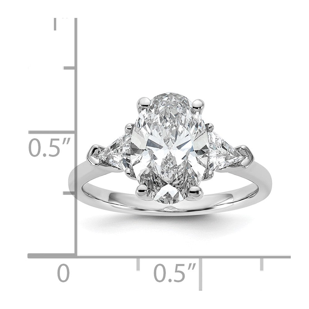 14K White Gold 5/8 carat Lab Grown Diamond VS+ F+ Trillion and 2 1/2 carat Oval Center Semi Mount Three Stone Engagement Ring