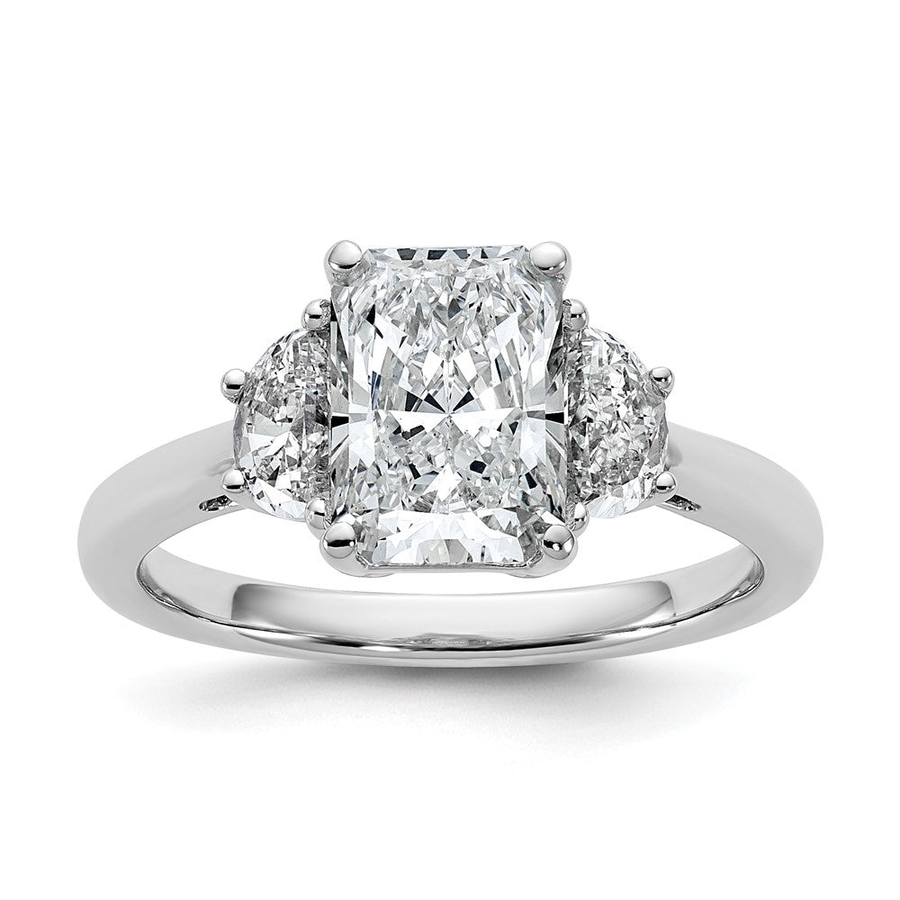 14K White Gold 2 1/2 carat Certified Lab Grown Diamond VS+ F+ Radiant and Half Moon Complete Three Stone Engagement Ring
