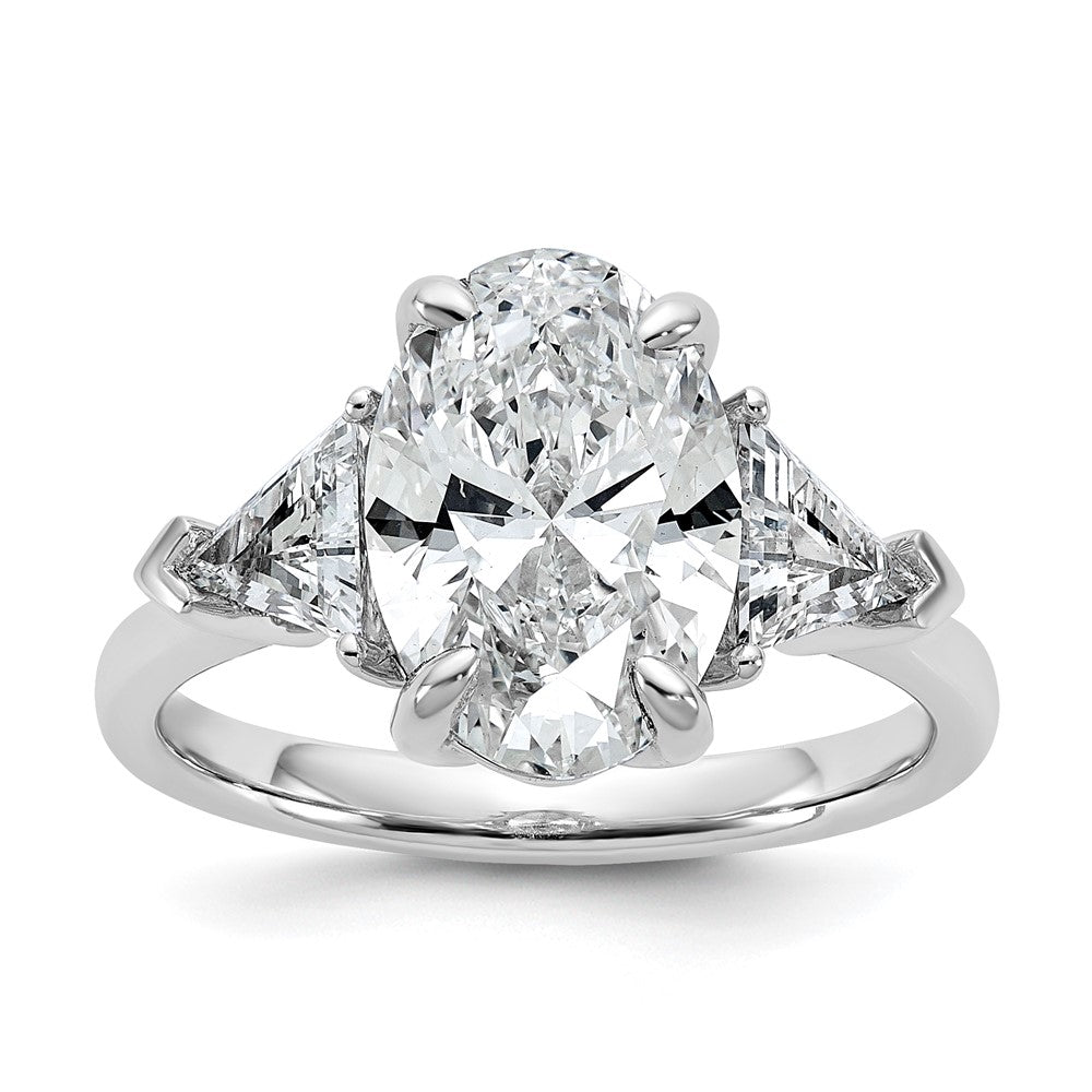 14K White Gold 1 1/8 carat Lab Grown Diamond VS/SI+ G+ Trillion and 3 carat Oval Center Semi Mount Three Stone Engagement Ring