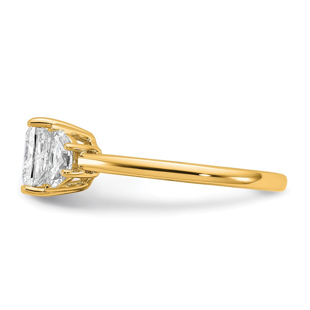 14K Yellow Gold 1/2 carat Lab Grown Diamond VS+ F+ Half Moon 1 1/2 carat Princess Center Semi Mount Three Stone Engagement Ring