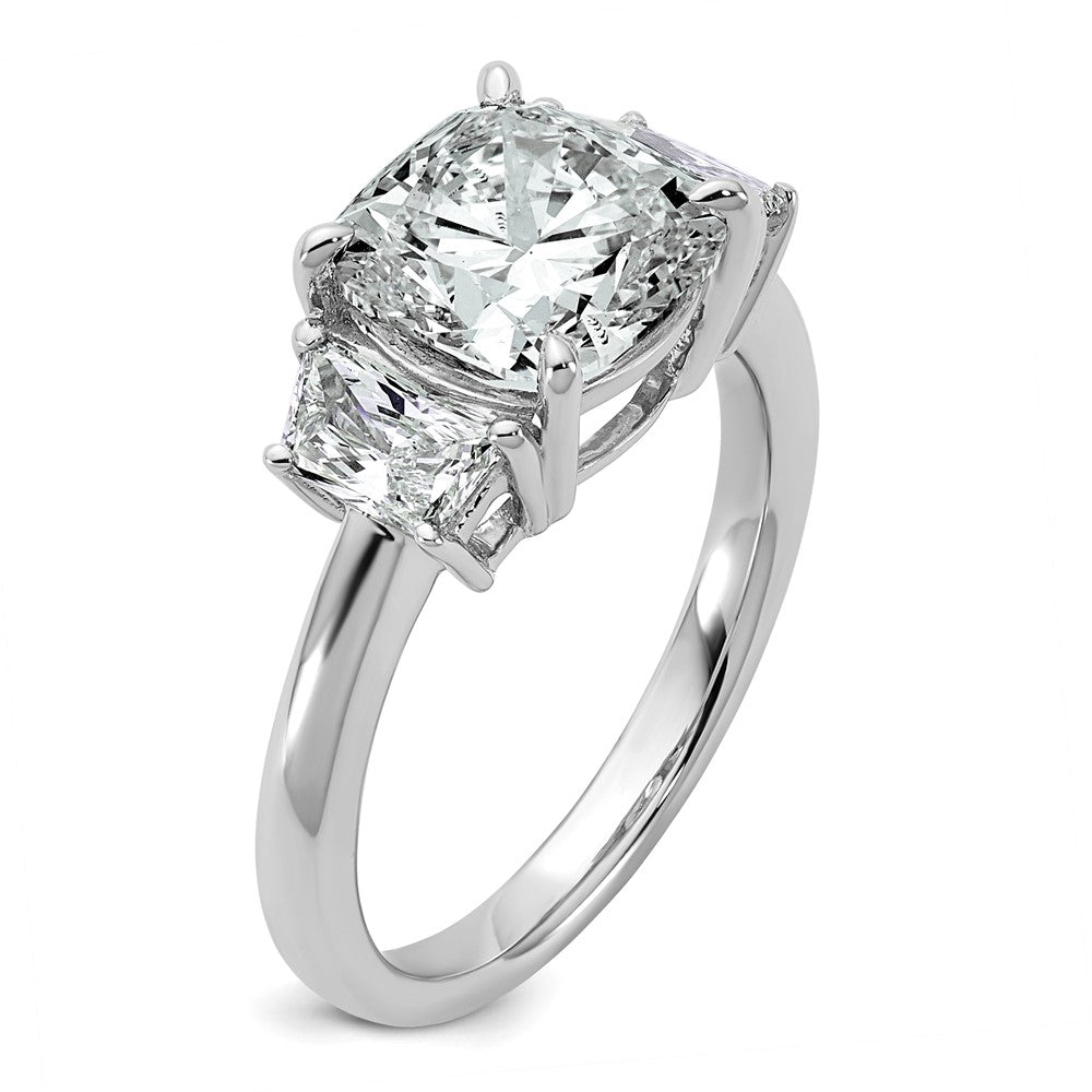 14K White Gold 3 3/4 carat Lab Grown Diamond VS+ F+ Cushion and Half Moon Complete Three Stone Engagement Ring