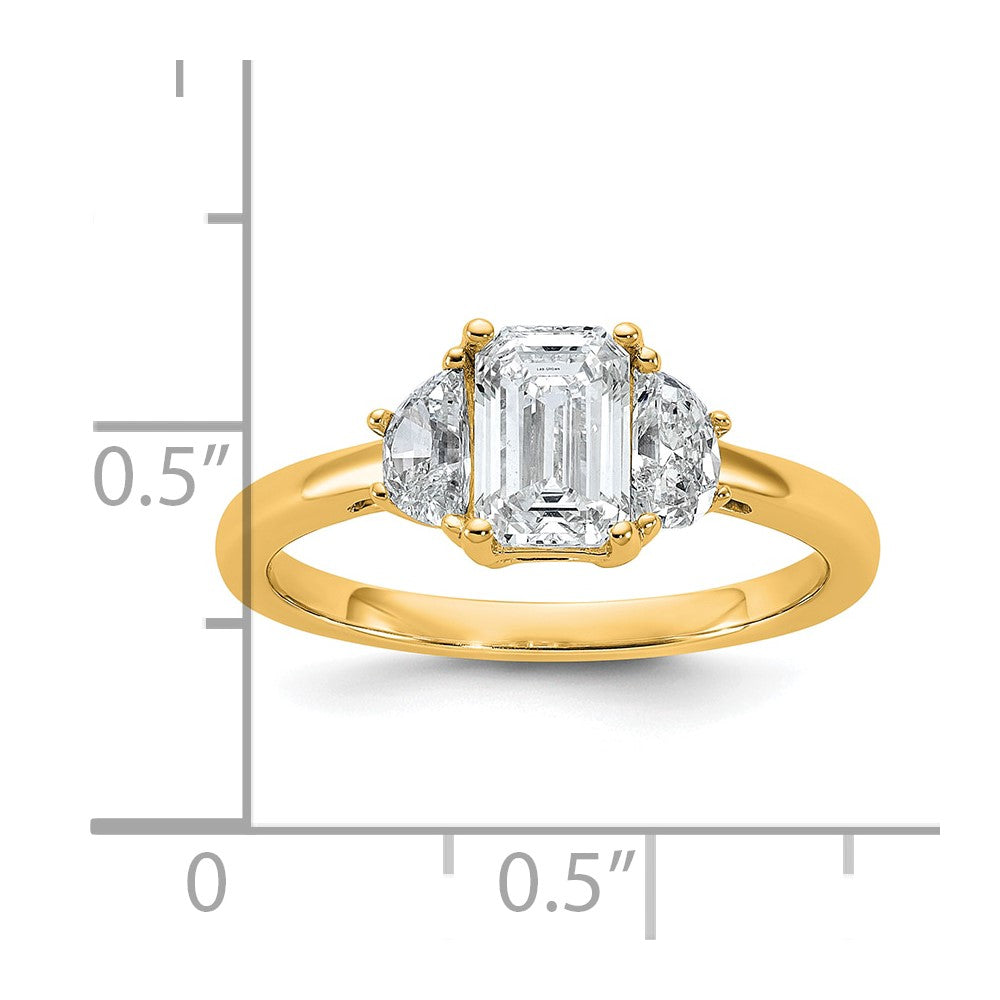 14K Yellow Gold 1 3/8 carat Certified Lab Grown Diamond VS+ F+ Complete Emerald and Half Moon Three Stone Engagement Ring