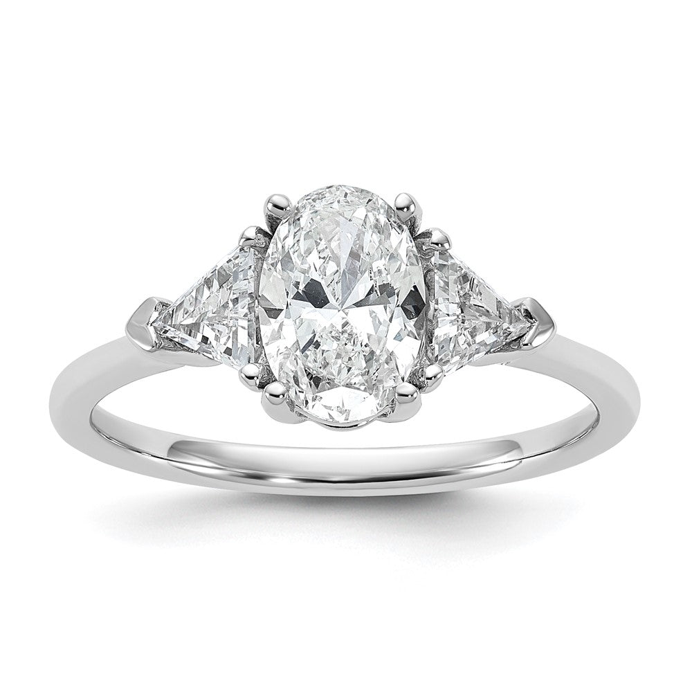 14K White Gold 1/2 carat Lab Grown Diamond VS+ F+ Trillion and 1 carat Oval Center Semi Mount Three Stone Engagement Ring