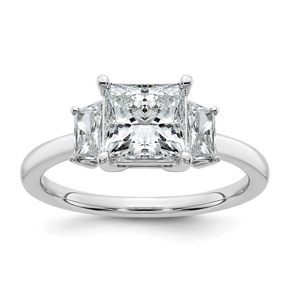 14K White Gold 1/2 carat Lab Grown Diamond VS+ F+ Trapezoid 1 1/2 carat Princess Center Semi Mount Three Stone Engagement Ring